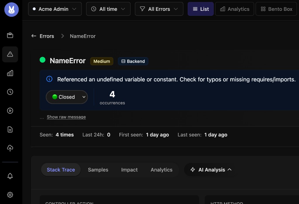 AI analysis with root cause and suggested fix